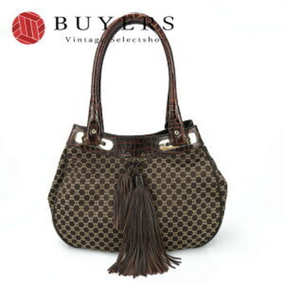 Celine Macadam Crocodile Tote Bag Brown Leather Canvas tassel fringe